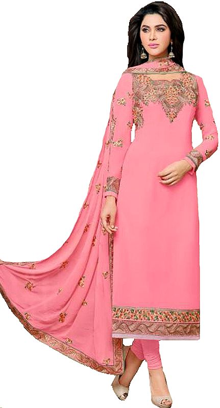 Conchshell-Pink Long Chudidar Kameez Suit with Golden Floral Embroidery