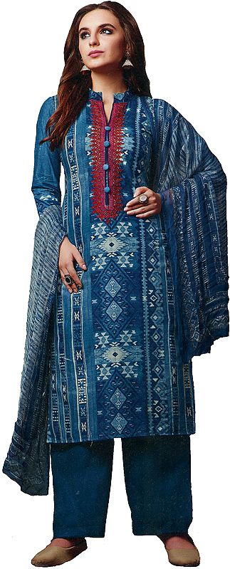 Dark-Blue Digital Printed Parallel Salwar Suit with Chiffon Dupatta