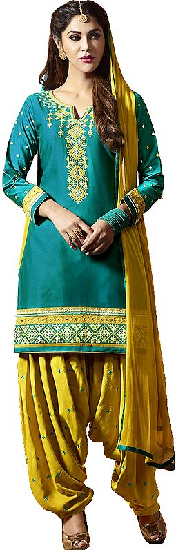 Green and Yellow Patiala Salwar Kameez Suit with Embroidered Booties