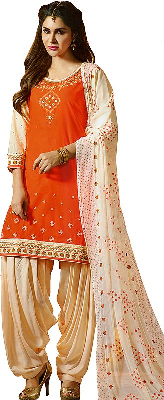Orange and Beige Patiala Salwar Kameez Suit with Embroidered Flowers and Booties