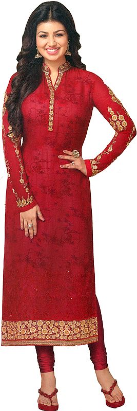 Ribbon-Red Ayesha Long Chudidar Kameez Suit with Golden-Embroidery and Floral Print