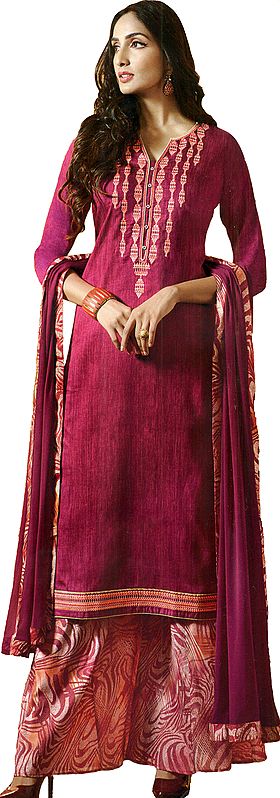 Earth-Red Palazzo Salwar Suit with Embroidery on Neck