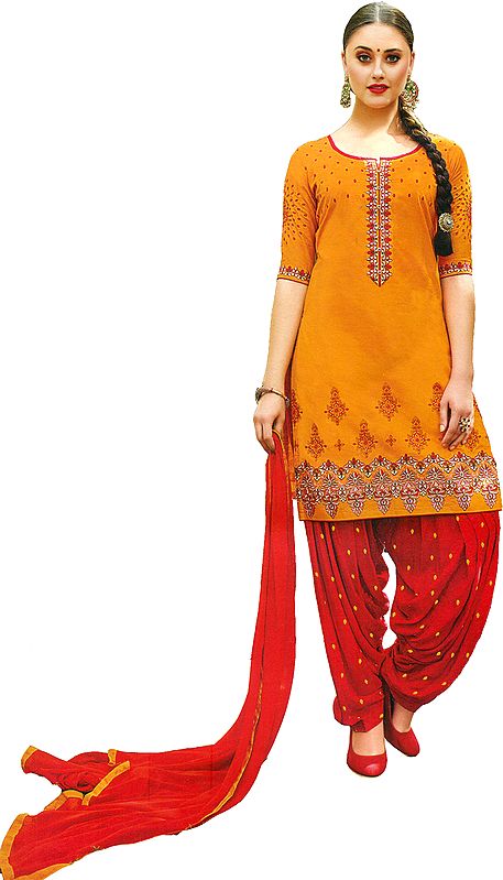 Marigold and Red Patiala Salwar Kameez Suit with Embroidered Flowers and Booties
