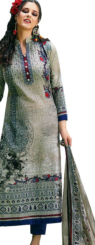 Off-White and Blue Long Trouser Salwar Kameez Suit with All Over Embroidery and Dupatta in Self-weave