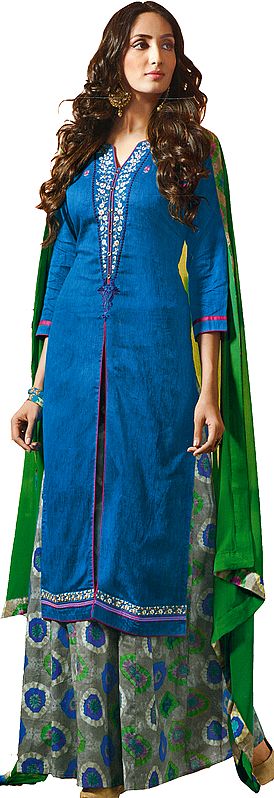Vivid-Blue Palazzo Salwar Suit with Embroidery on Neck