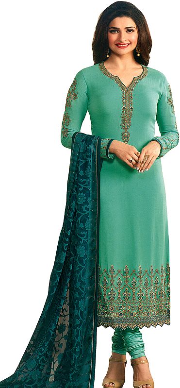 Electric-Green Prachi Long Chudidar Salwar Kameez Suit with Zari-Embroidery and Dupatta in Self-weave