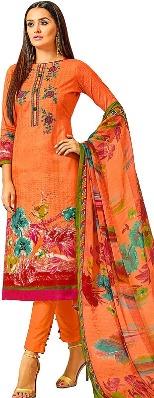 Cantaloupe-Orange Digital-Printed Trouser Salwar Kameez Suit with Embroidery on Neck and Chiffon Dupatta