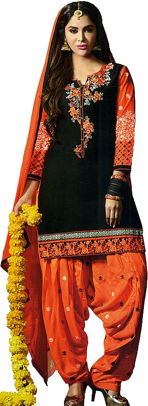 Black and Orange Patiala Salwar Kameez Suit with Embroidered Flowers and Booties