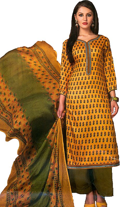 Yellow and Green Digital Printed Parallel Salwar Suit with Embroidery on Neck and Chiffon Dupatta