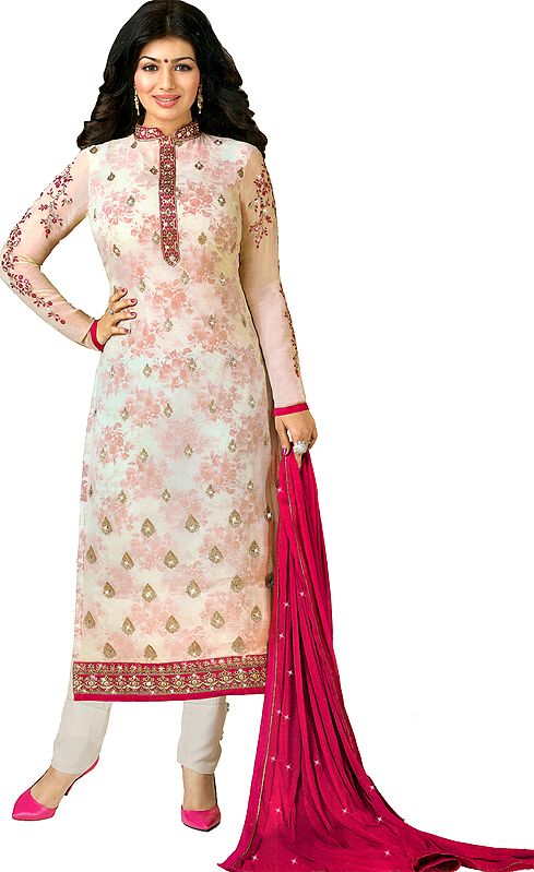 Ivory and Pink Ayesha Long Chudidar Salwar Kameez Suit With Golden Embroidery and Floral Print