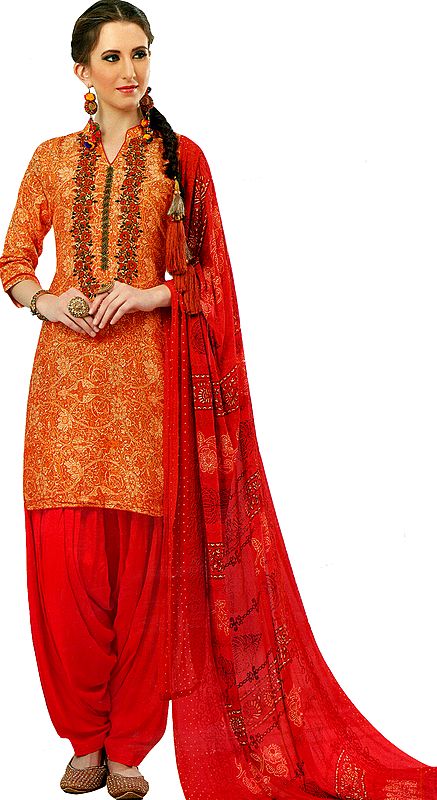 Papaya Punch and Red Patiala Salwar Kameez Suit with Printed Floral and Embroidery on Neck