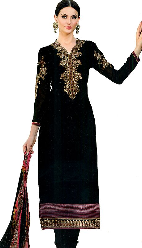 Jet-Black Long Chudidar Salwar Kameez Suit with Golden Bootis Embroidery