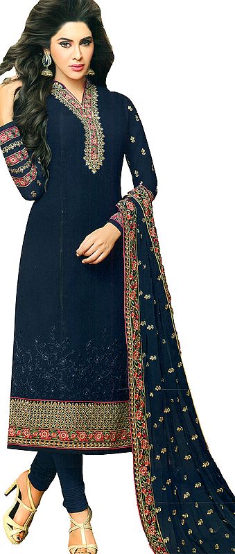 Patriot-Blue Long Chudidar Salwar Kameez Suit with Floral Embroidery and Crystals