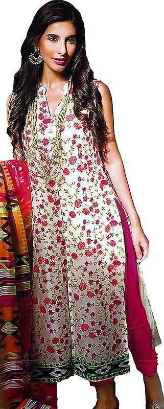 Primrose-Pink Long Trouser Salwar Kameez Suit with Printed Florals All Over