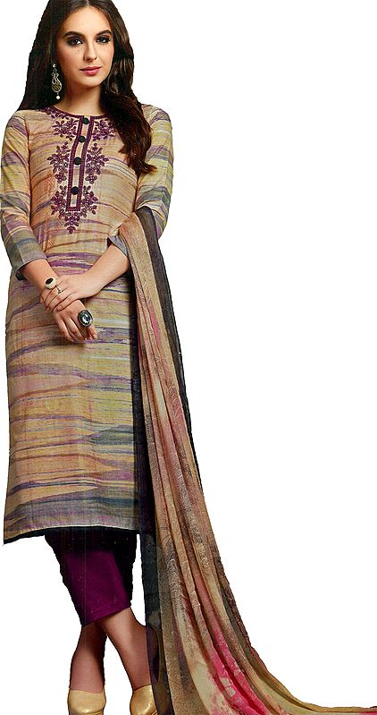 Almond-Cream Long Printed Trouser Salwar Kameez Suit with Floral Embroidery