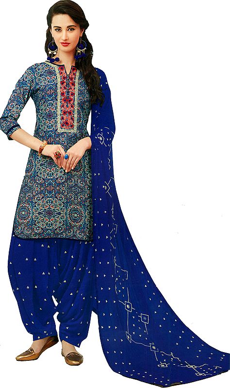 Classic-Blue Printed Patiala Salwar Kameez Suit with Embroidered Flowers and Bootis