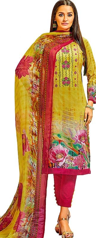 Dusty-Citron Printed Trouser-Salwar Kameez Suit with Embroidered Bootis