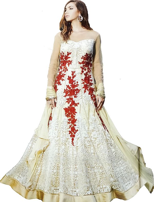 Summer-Melon Designer Floor-Length Anarkali Suit with Floral Aari Embroidery and Crystals