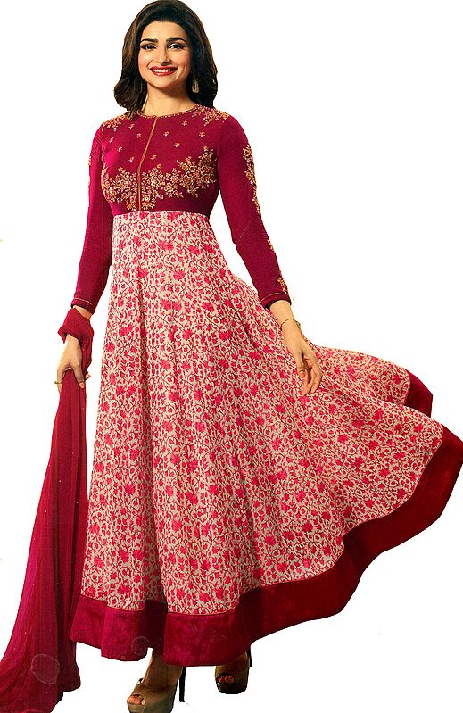 Deep-Claret Designer Anarkali Suit with Printed Flowers