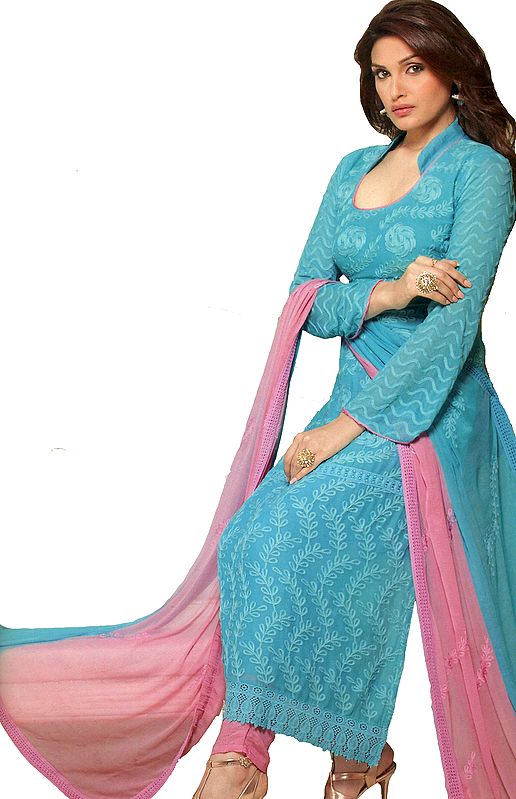 River-Blue and Pink Long Salwar Kameez Suit with Aari Embroidery All-Over
