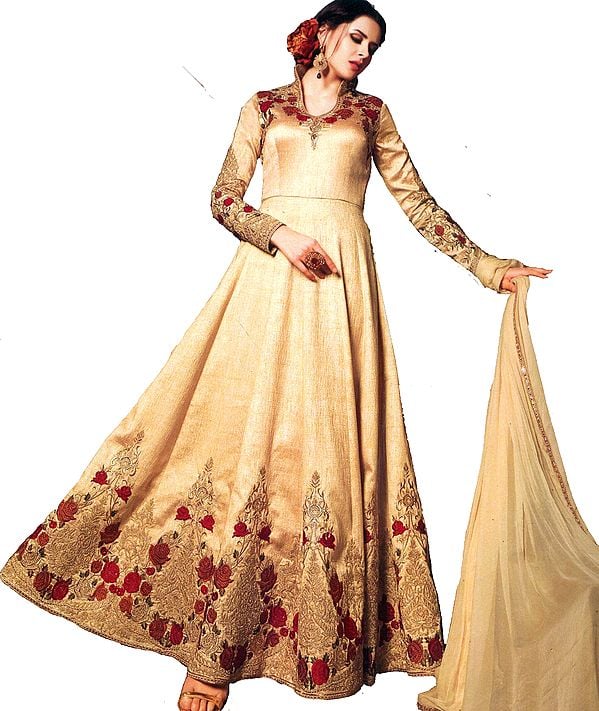 Yellow-Gold Designer Floor-Length Anarkali Suit with Floral Aari Embroidery and Crystals