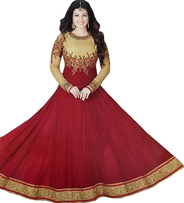 Golden and Red Ayesha Designer Anarkali Suit with Floral-Embroidery and Crystals