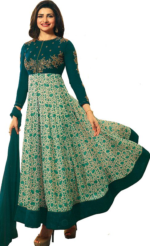 Shaded-Spruce Designer Anarkali Suit with Printed Flowers