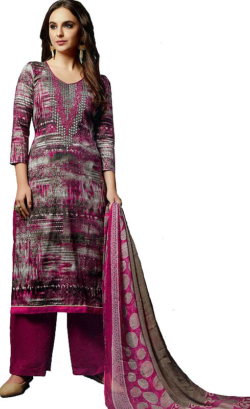 Fuchsia-Rose and Gray Long Printed Parallel Salwar Kameez Suit with Embroidery on Neck and Crystals