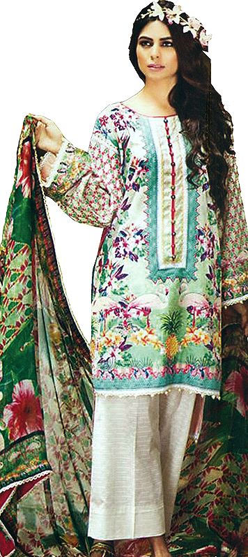 Dynasty-Green Digital-Printed Trouser Salwar Kameez Suit with Chiffon Dupatta