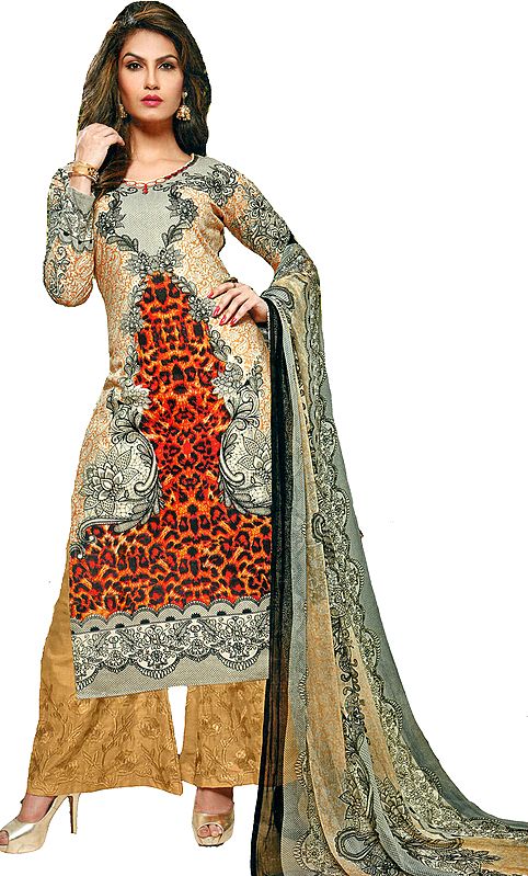 Apricot-Gelato Digital-Printed Trouser Salwar Kameez Suit with Chiffon Dupatta
