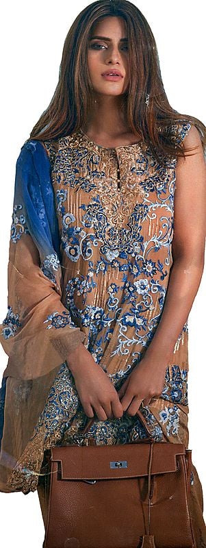 Golden-Brown and Blue Salwar Kameez suit with Aari Embroidered Floral and Bootis