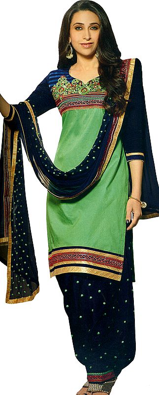 Summer-Green and Blue Karishma Patiala Salwar Kameez Suit with Embroidered Bootis and Florals