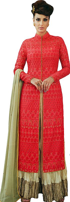 Gajjadi-Red and Beige Designer Sharara Salwar Kameez Suit with Embroidered Bootis and Florals