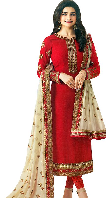 Bittersweet-Red Prachi Long Choodidaar Salwar Kameez Suit with Zari-Embroidery and Dupatta in Self-weave