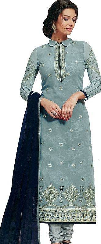Neutral-Gray Long Embroidered Chudidar Kameez Suit with Printed Flowers