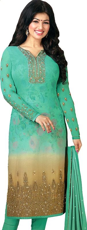 Peacock-Green Ayesha Long Embroidered Chudidar Kameez Suit with Digital Printed Flowers and Crystals