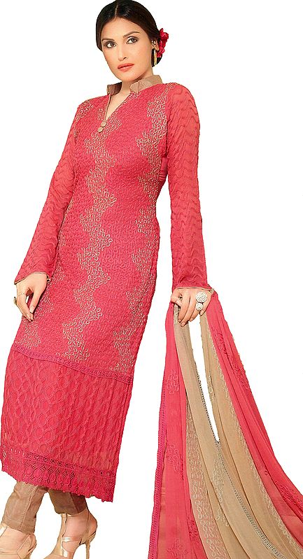 Rasberry-Pink Long Salwar Kameez Suit with Aari Embroidery All-Over