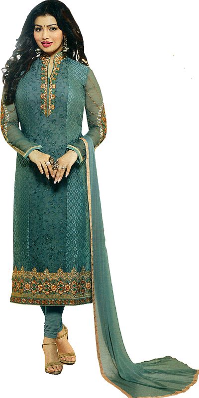 Green-Milieu Ayesha Long Chudidar Kameez Suit with Embroidered Flowers and Bootis Woven All-Over