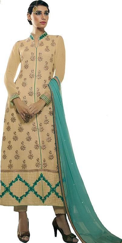 Beige and Green Trouser Salwar Kameez Suit with Embroidered Flowers and Crystals