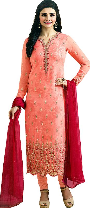 Burnt-Coral Prachi Long Choodidaar Salwar Kameez suit with Embroidered Bootis and Crystals
