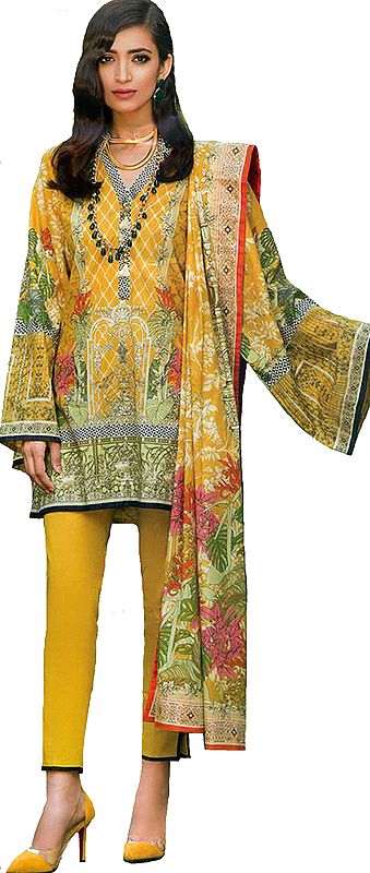 Chinese-Yellow Trouser Salwar Kameez Suit with Digital-Print and Chiffon Dupatta