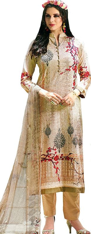 Bleached-Sand Digital-Printed Trouser Salwar Kameez Suit with Embroidered Bootis and Chiffon Dupatta
