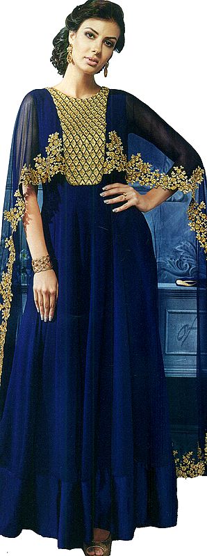 Royal-Blue Cape Style Salwar Kameez Suit with Embroidered Bootis and Beads