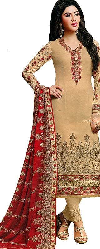 Honey-Peach Long Choodidaar Salwar Kameez Suit with Aari-Embroidery and Crystals All-Over