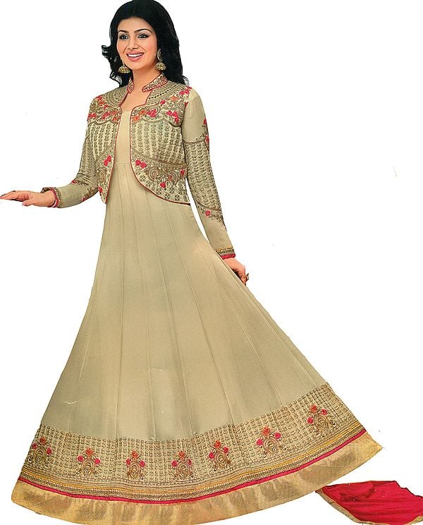 Doeskin and Pink Ayesha Designer Anarkali Suit with Floral-Embroidery and Crystals