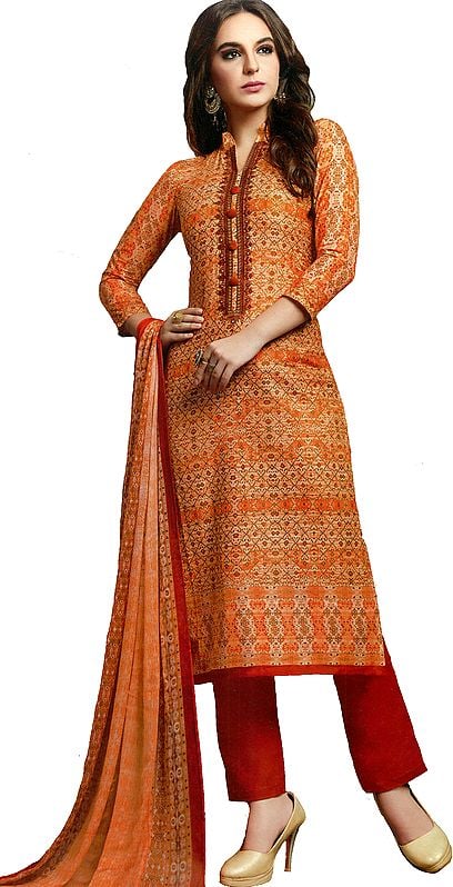 Dusty-Orange Long Printed Parallel Salwar Kameez Suit with Embroidery on Neck and Mirrors