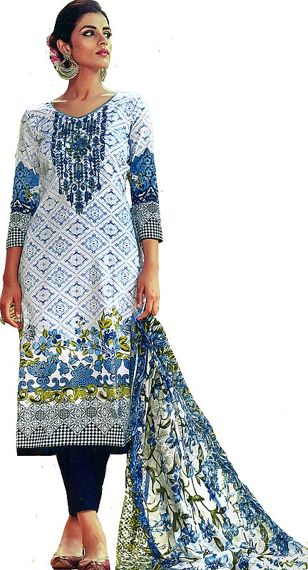 Alaskan-Blue Trouser Salwar Kameez Suit with Digital Print and Chiffon Dupatta