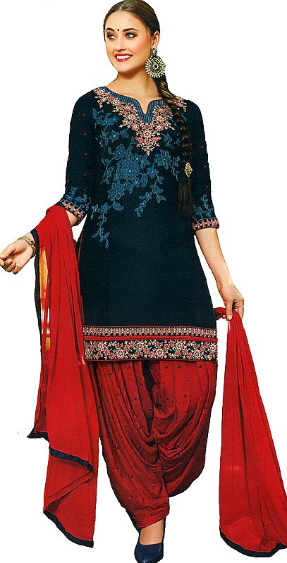 Twilight-Blue Patiala Salwar Kameez Suit with Embroidered Florals and Bootis