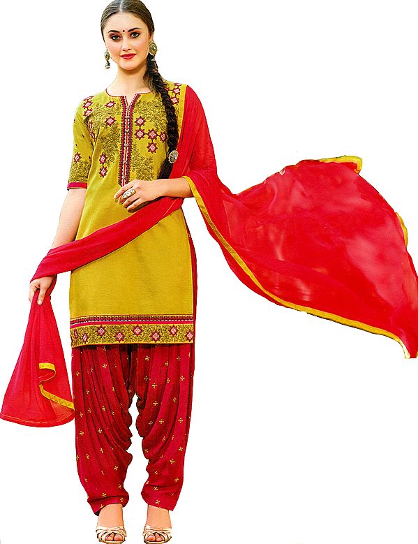 Yellow-Cream Patiala Salwar Kameez Suit with Embroidered Florals and Bootis