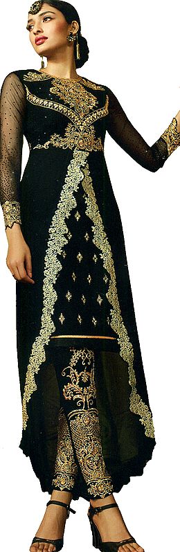 Phantom-Black Jacket Style Salwar Kameez Suit with Embroidered Bootis and Crystals